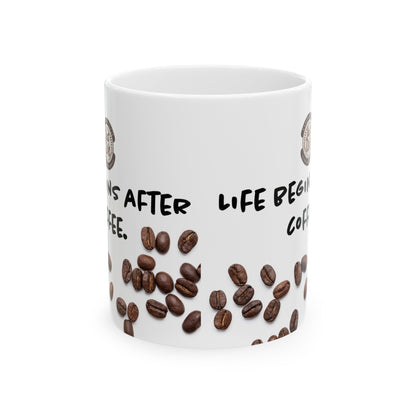 Life & Coffee White Ceramic Coffee Mug, (11oz) - Just Grace Ceramics